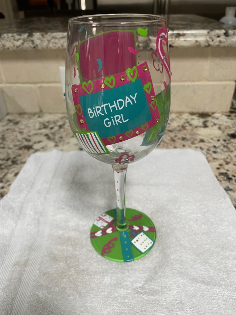 Lolita Birthday Girl Painted Wine Glass - Pink & Green